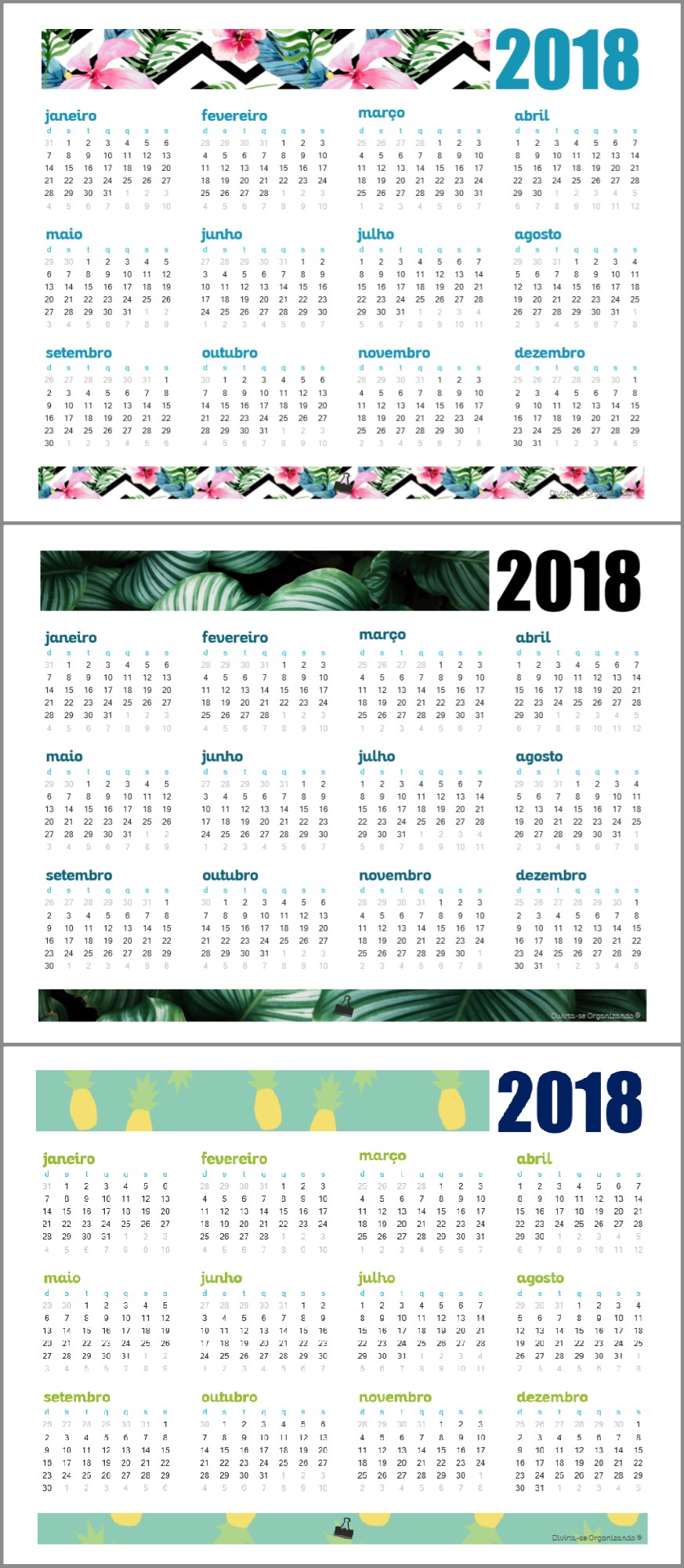 Calendário 2018 para imprimir | Blog Divirta-se Organizando